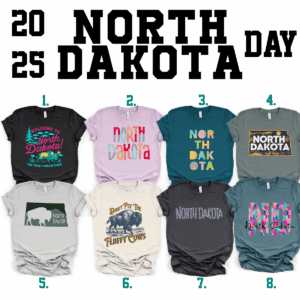 North Dakota themed t-shirts on display.