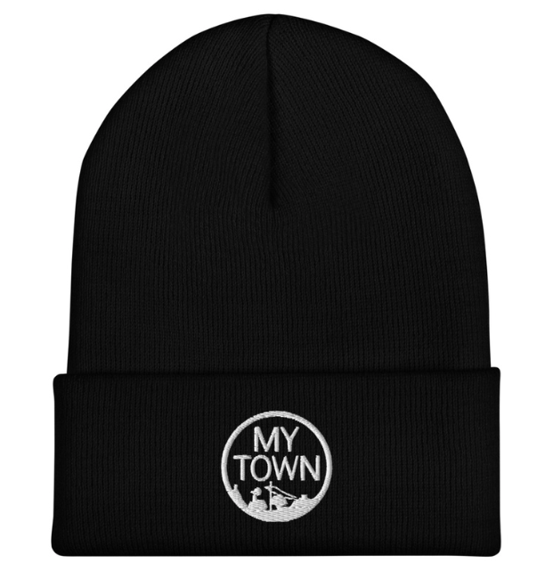 A black beanie with the words " my town ".