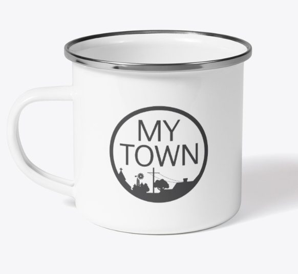 A white mug with the words " my town ".