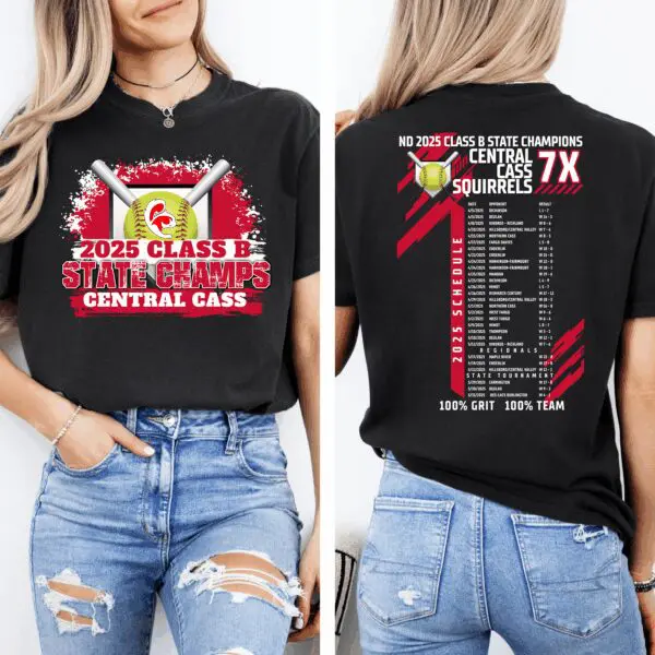 A black t-shirt with a red and white design on it.