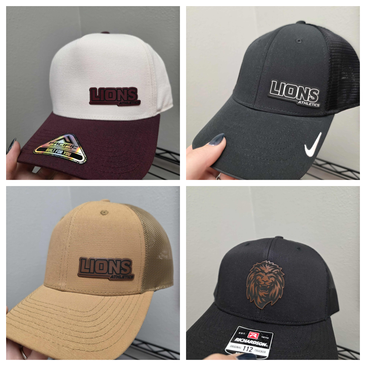 Four caps with "Lions" logo displayed.