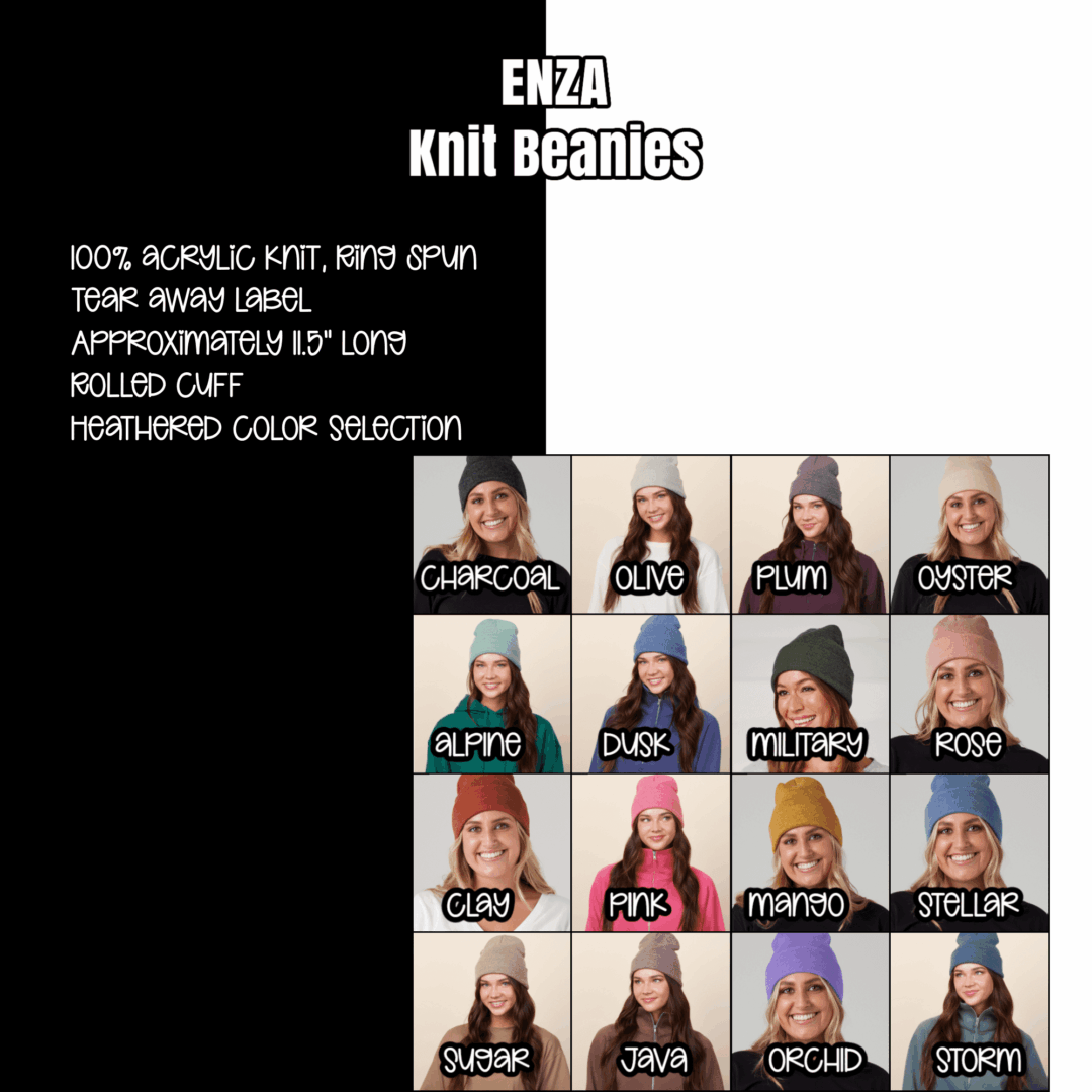Knit beanies in various colors displayed.