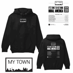 A black hoodie with an advertisement for the town.