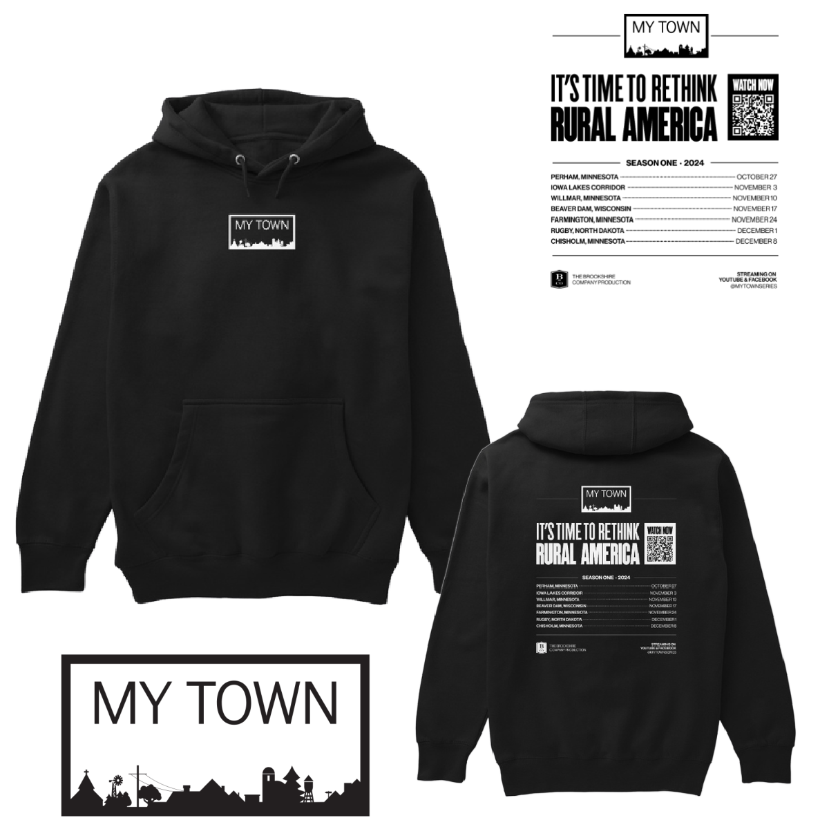 A black hoodie with an advertisement for the town.