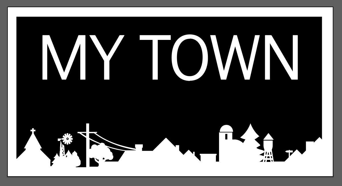 A black and white sign that says " my town ".