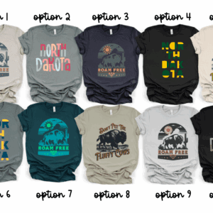 Ten t-shirt designs featuring North Dakota themes.