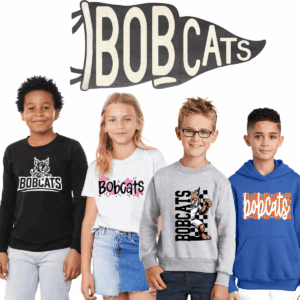 Children wearing Bobcats-themed clothing, smiling.