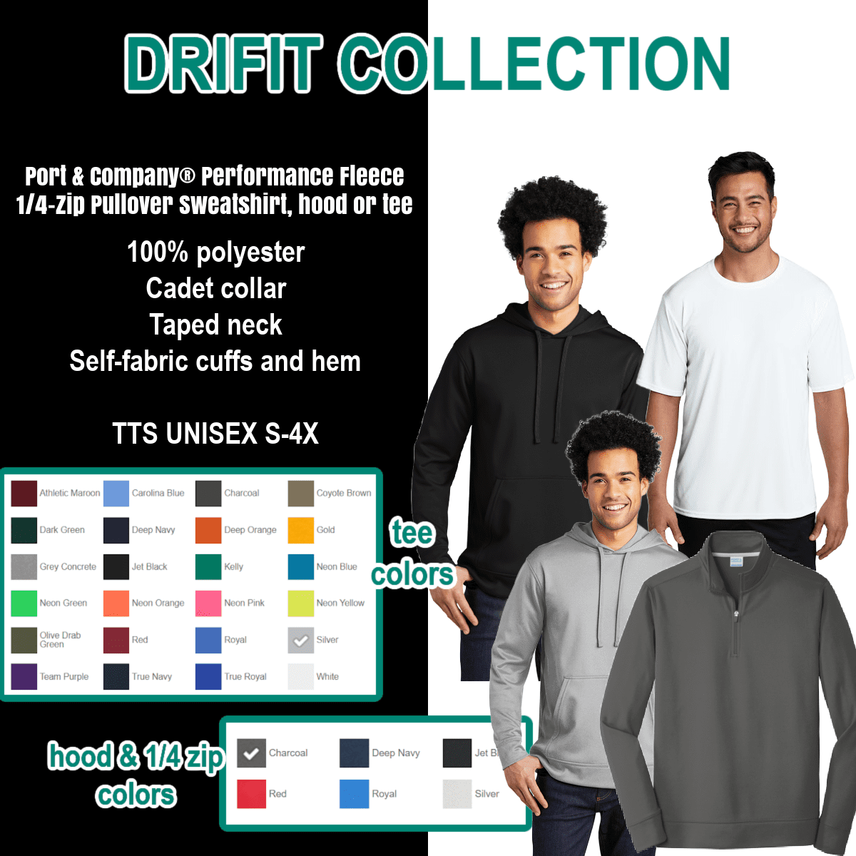 Drift Collection apparel with color options displayed.