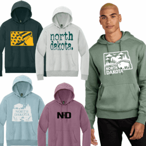 Various North Dakota hoodies with designs displayed.