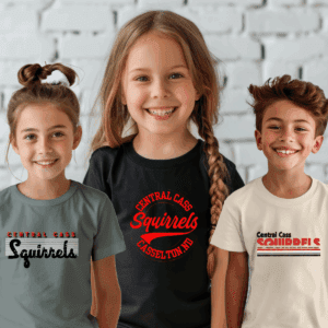 Three children wearing Squirrels-themed shirts.