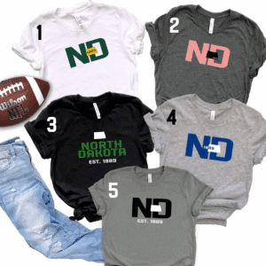 Five North Dakota shirts and denim jeans.