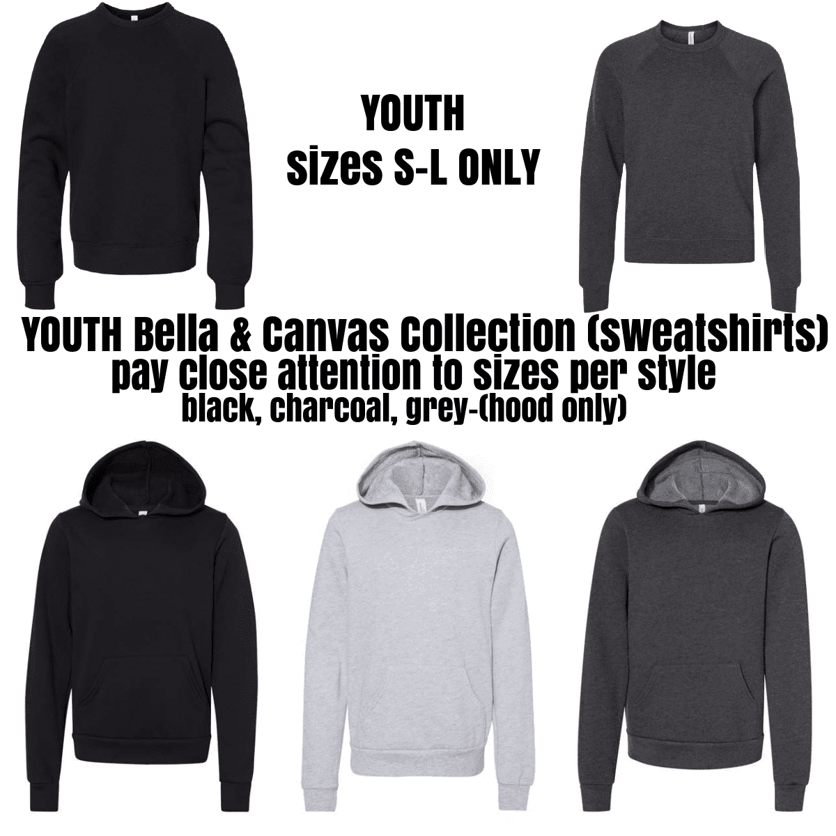 Youth sweatshirts in black, charcoal, grey.