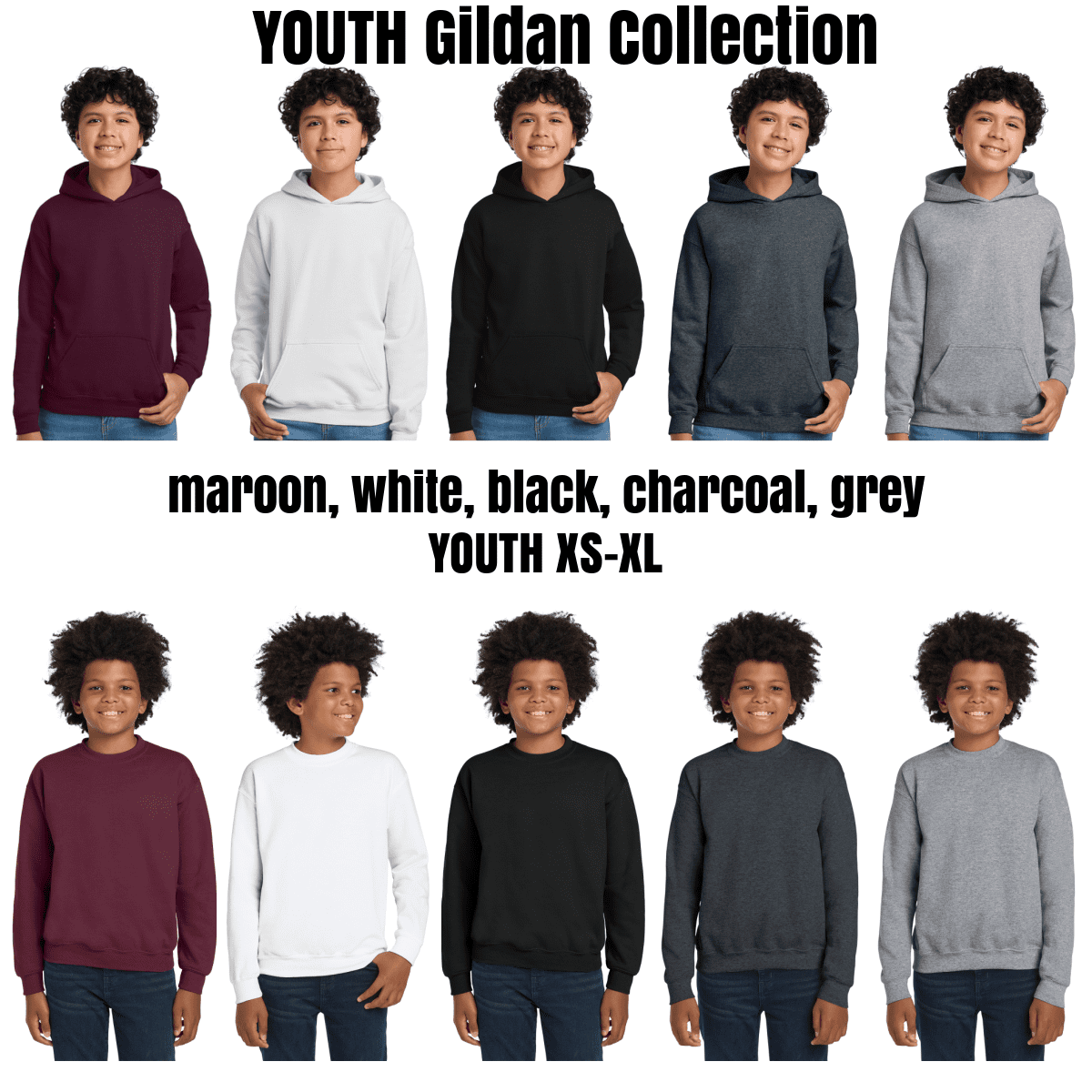 Youth hoodies in various colors and sizes.