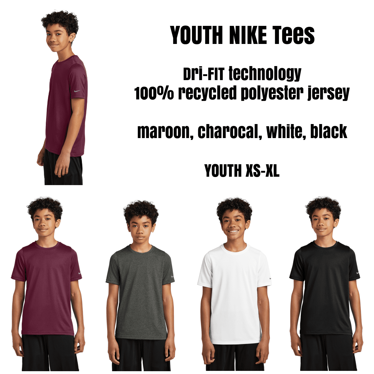 Youth Nike tees in four colors displayed.