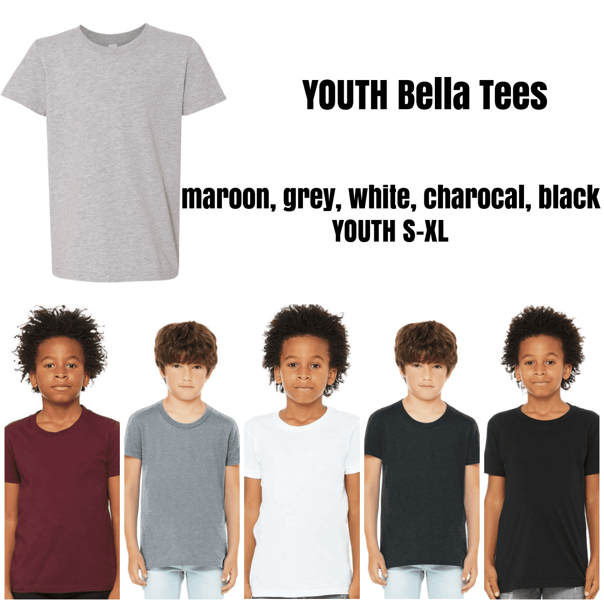 Youth Bella Tees in various colors displayed.