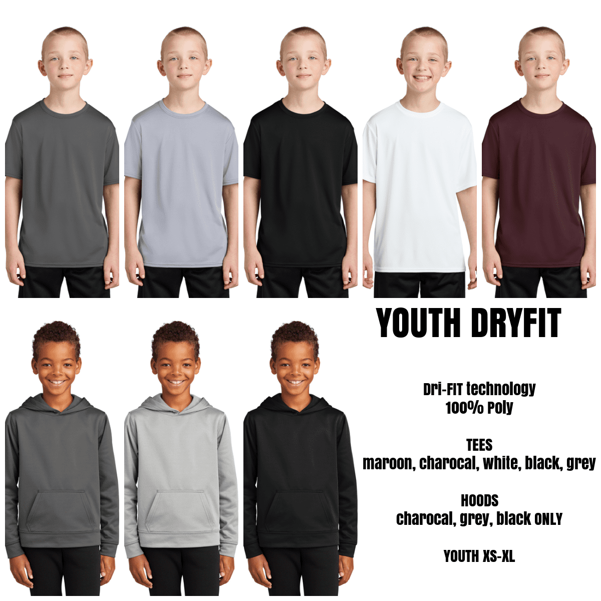 Youth dryfit shirts and hoodies display.