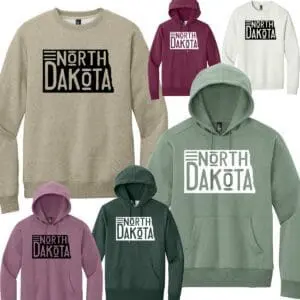 North Dakota sweatshirts in various colors displayed.