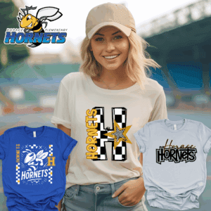 Woman wearing a "Hornets" t-shirt, smiling.