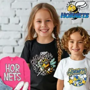 Children wearing Hornets-themed shirts, smiling.