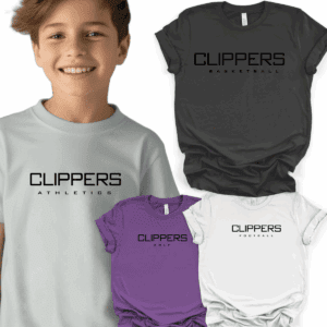 Smiling child with four Clippers shirts.