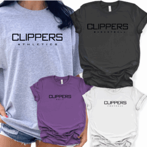 Four "Clippers" themed t-shirts in various colors.