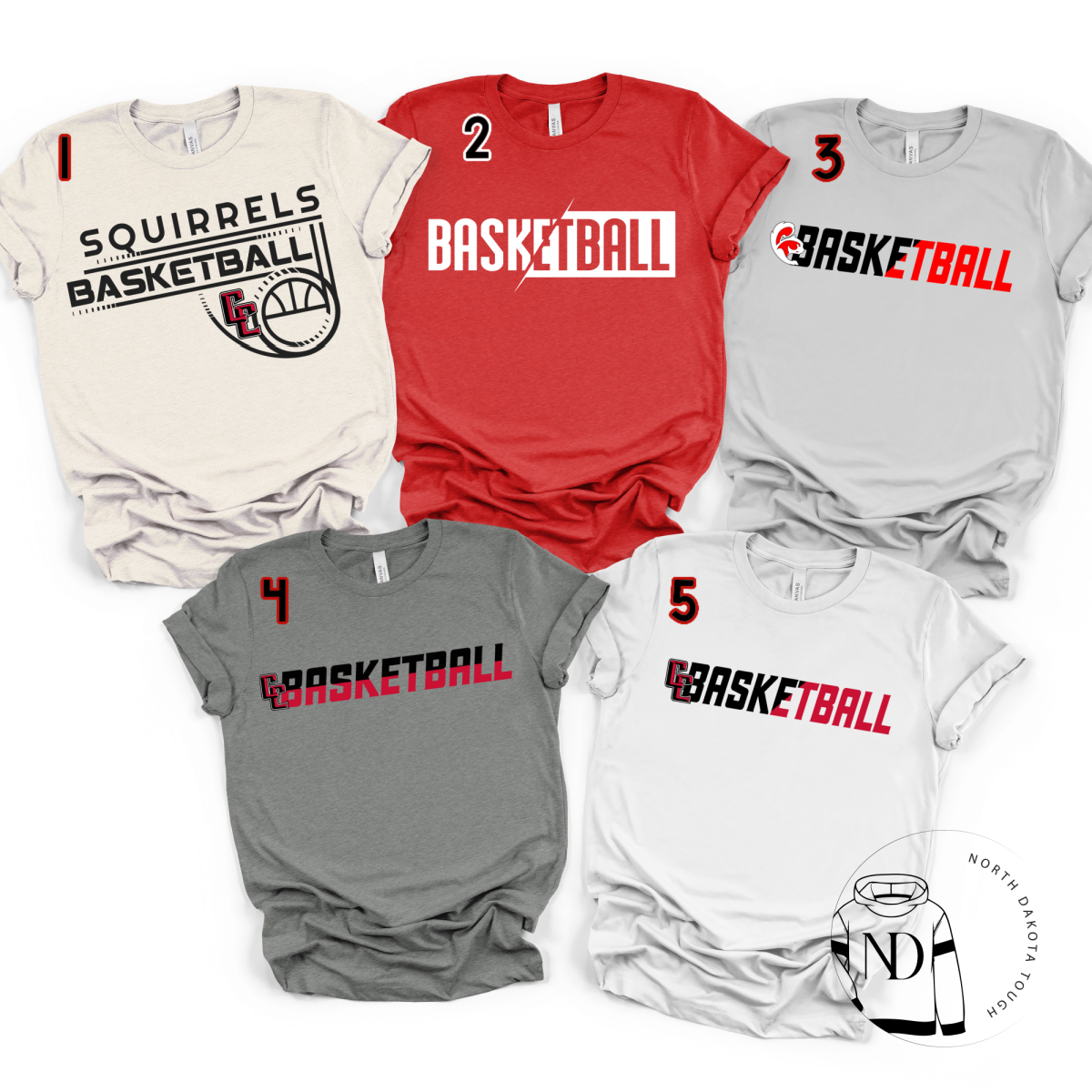Five basketball-themed t-shirts in various designs.