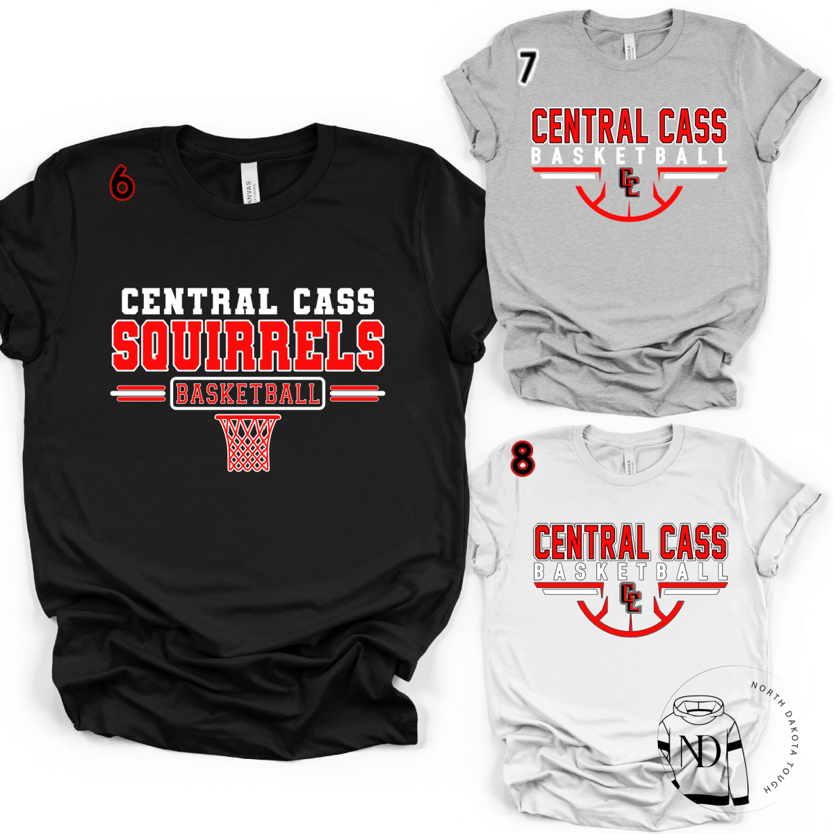 Central Cass Squirrels basketball T-shirts display.