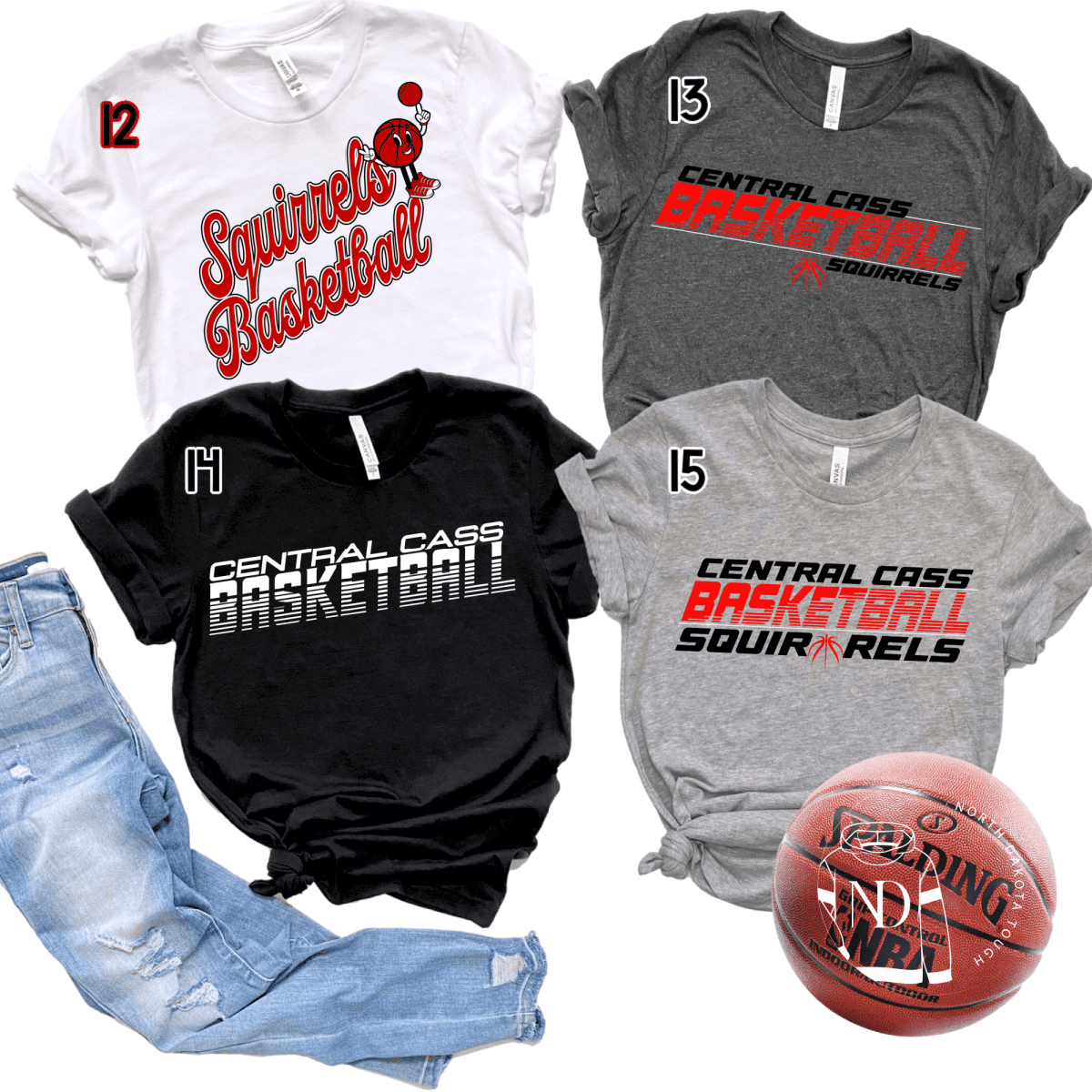 Basketball-themed shirts and jeans display.