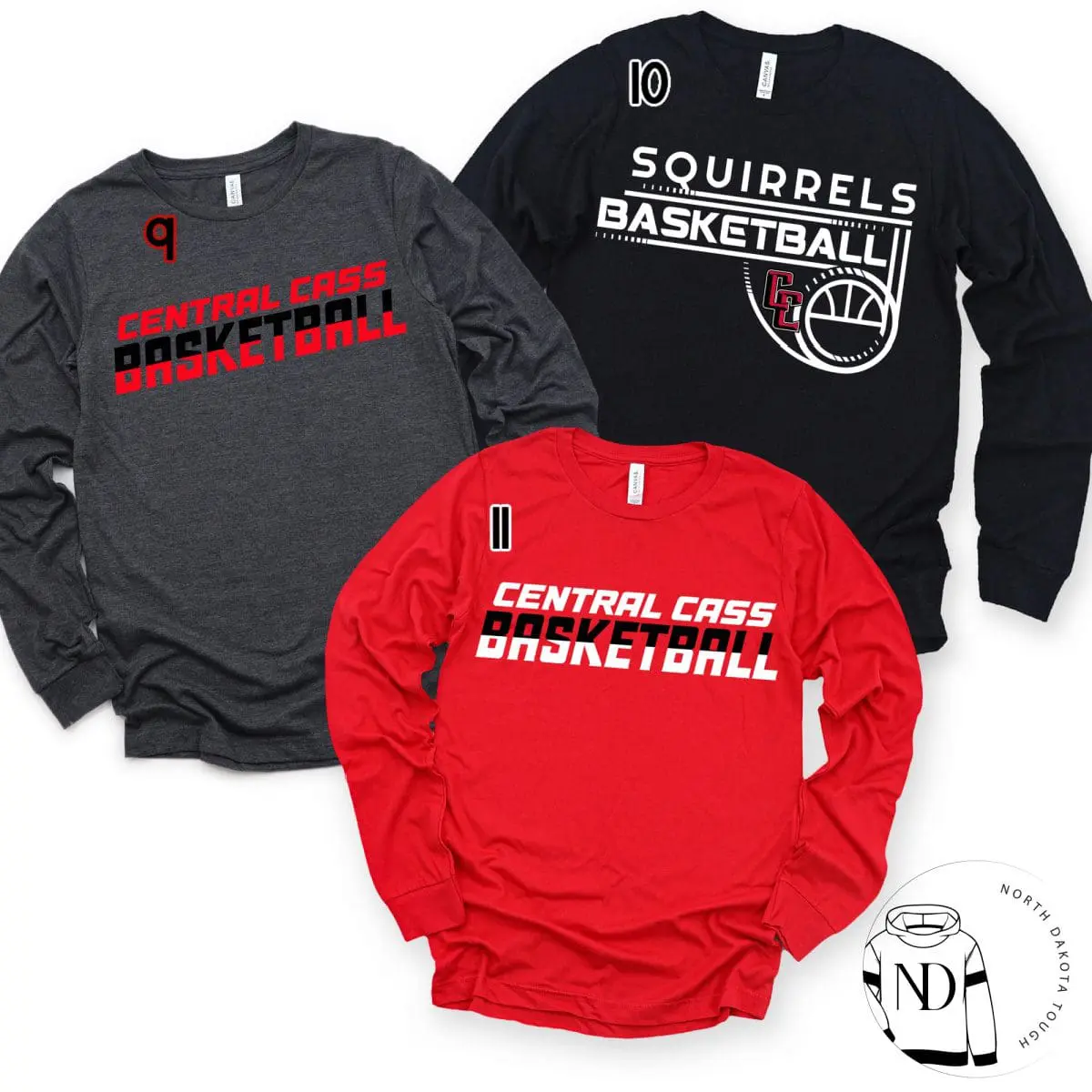 Three basketball-themed long-sleeve shirts.