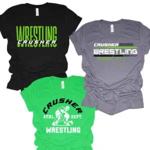 Three wrestling-themed t-shirts in various colors.