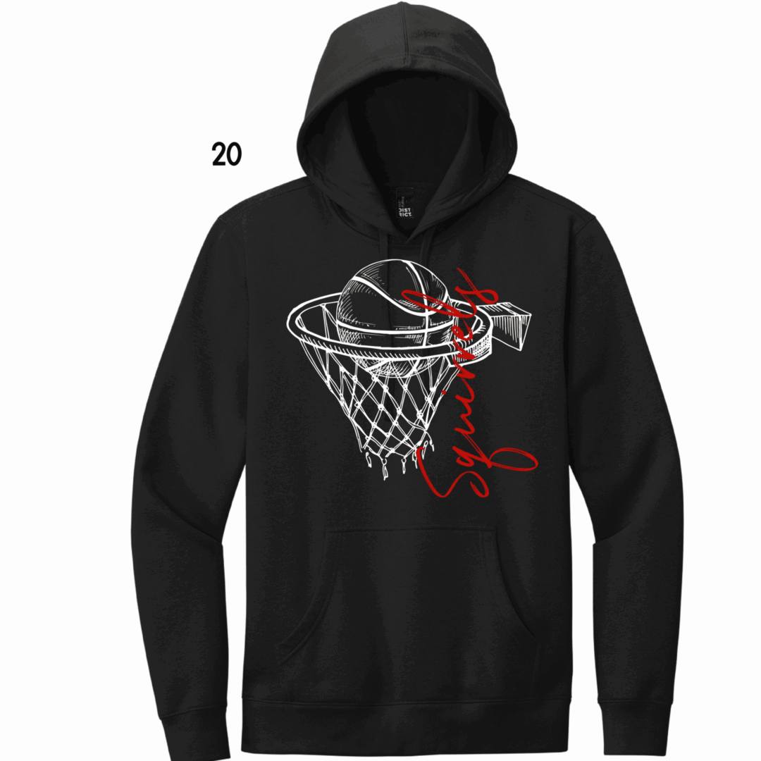 Black hoodie with basketball hoop design.