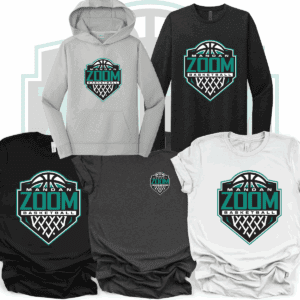 Basketball apparel with "Zoom" logo design.