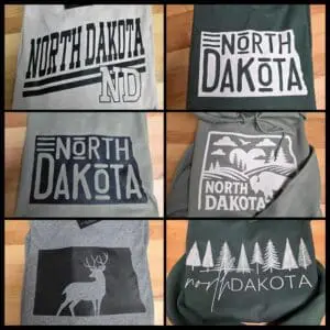 North Dakota themed clothing designs with graphics.