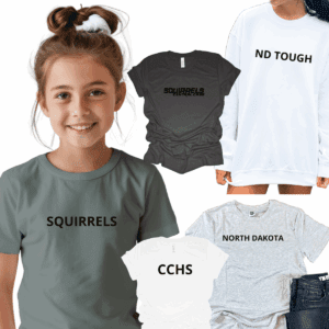 Girl and various shirts with text designs.