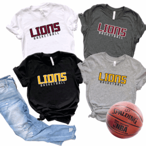 Lions basketball shirts, jeans, and basketball.