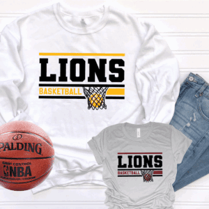Basketball-themed shirts with jeans and ball.