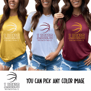 Women wearing colorful basketball-themed shirts.