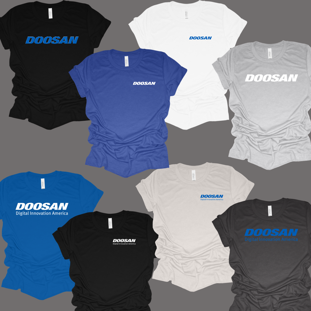Assorted Doosan branded t-shirts in various colors.