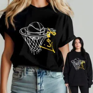 Women wearing basketball-themed black shirts.
