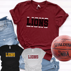 Lions T-shirts and basketball on display.