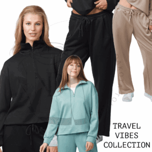 Models wearing casual travel clothing collection.