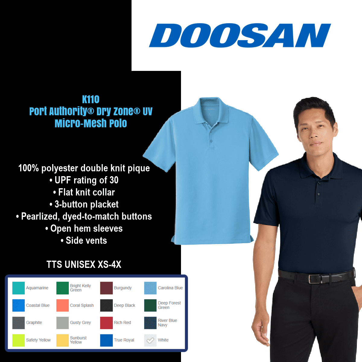 Doosan polo shirts in various colors displayed.