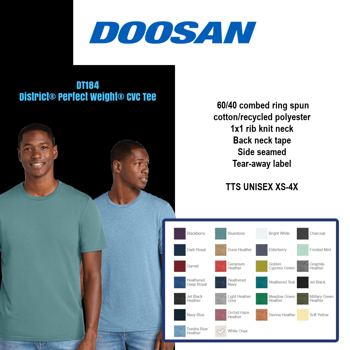 Two men modeling Doosan branded t-shirts.