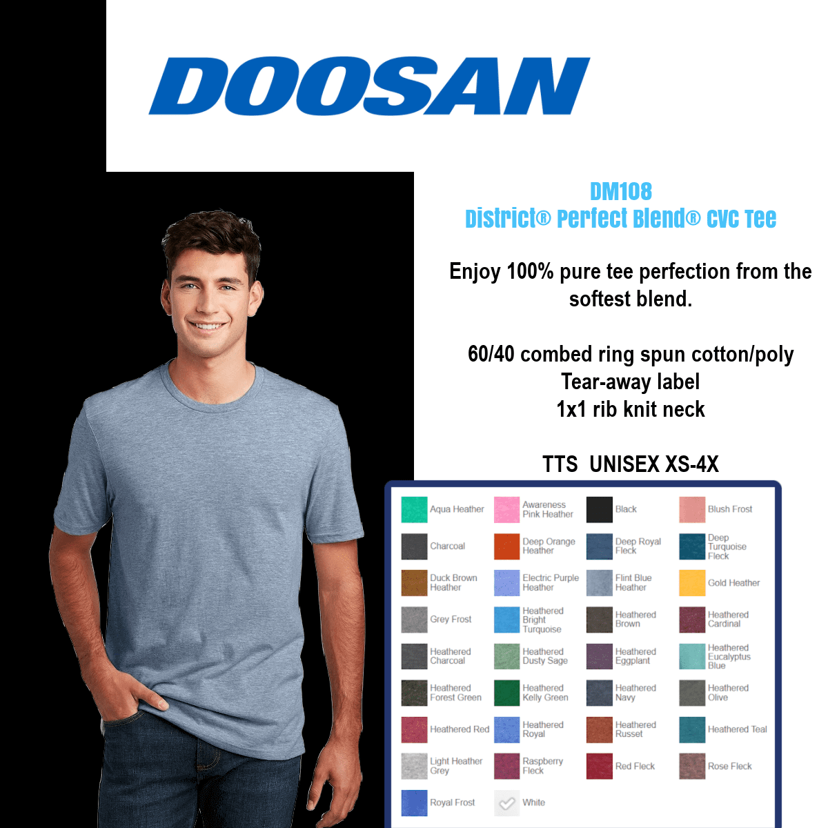 Man wearing blue Doosan t-shirt, color options.