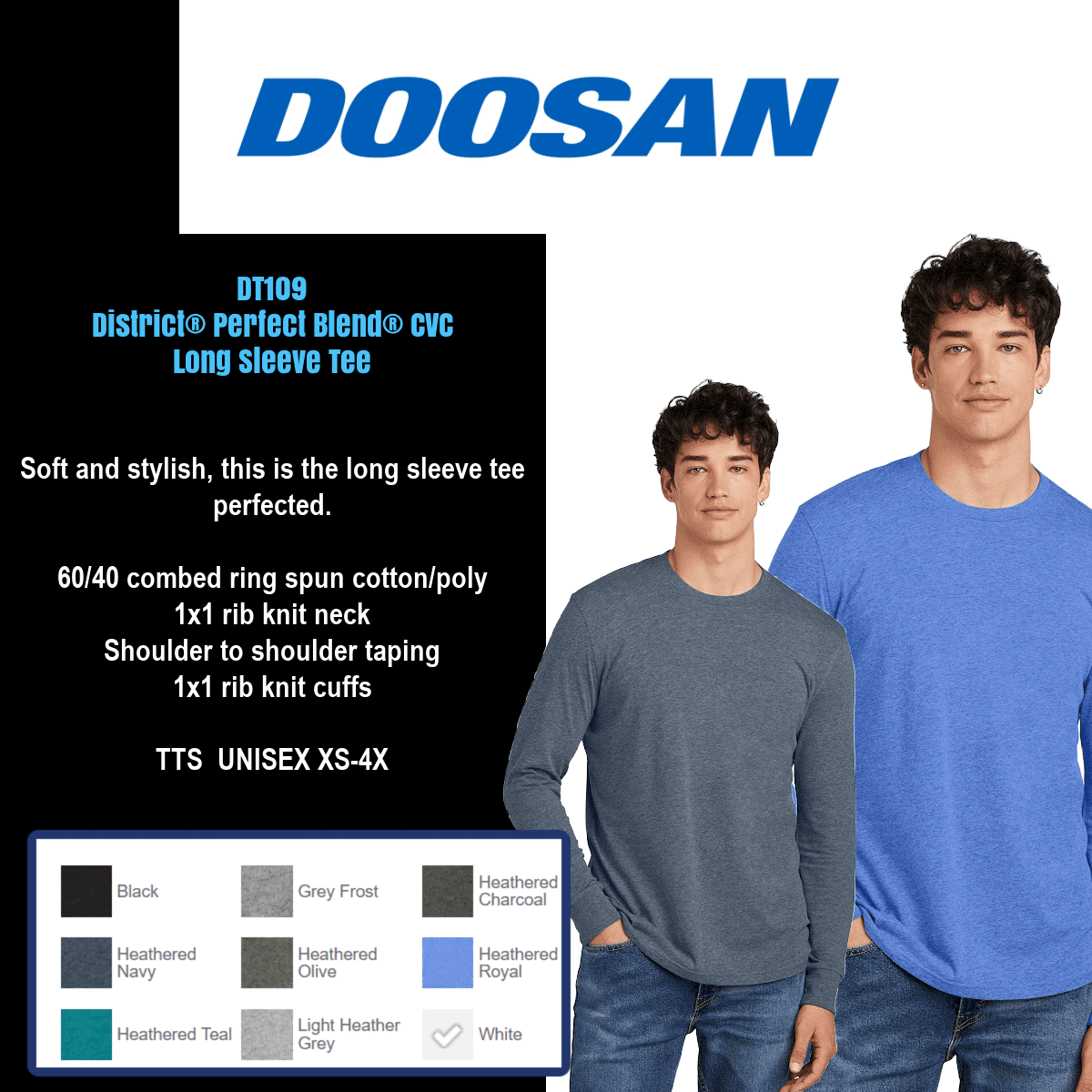 Men modeling long sleeve Doosan shirts.