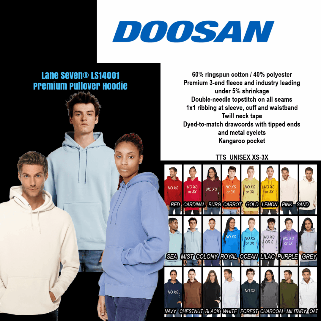 Doosan branded hoodies in various colors.
