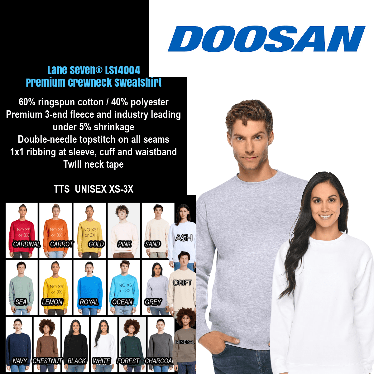 Doosan crewneck sweatshirts in various colors.