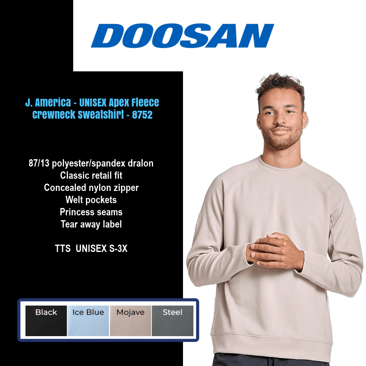 Man wearing light gray sweatshirt, Doosan logo.