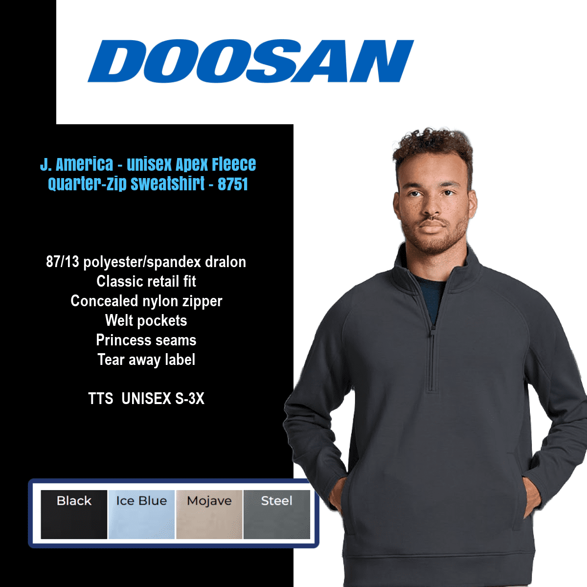 Man modeling Doosan fleece quarter-zip sweatshirt.