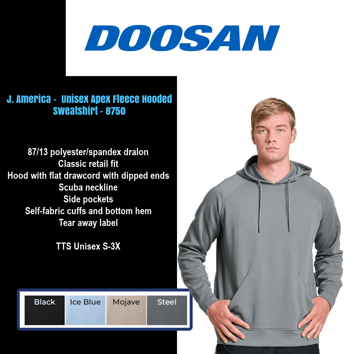 Man wearing gray hooded sweatshirt, Doosan logo.